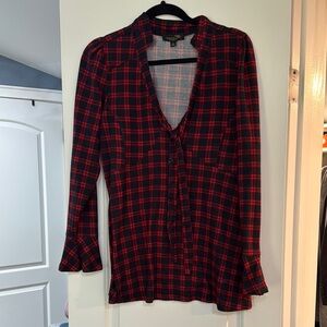 Suzanne Betro Red and Black Bell Sleeve Blouse with Tie Front